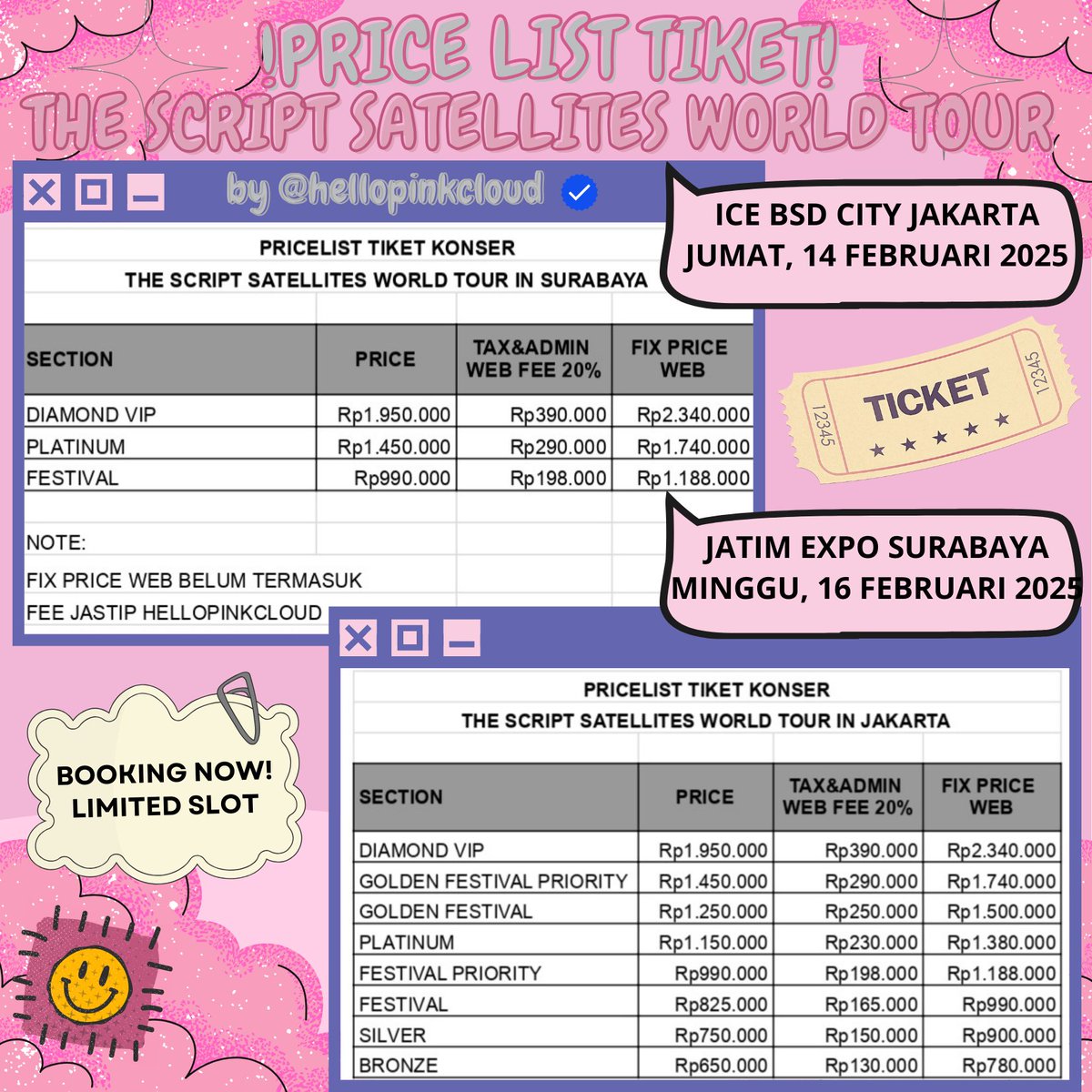 firzyxna's tweet photo. [OPEN TRIP &amp; JASTIP WAR TIKET KONSER] THE SCRIPT SATELLITES WORLD TOUR in Indonesia

🗓️ Jumat, 14 Februari 2025
📍ICE BSD CITY JAKARTA
🗓️ Minggu, 16 Februari 2025
📍JATIM EXPO SURABAYA
📩more info @hellopinkcloud

#TheScriptFamily #THESCRIPTWORLDTOUR #ScriptSatellites #jastip https://t.co/6WCH9Y954E