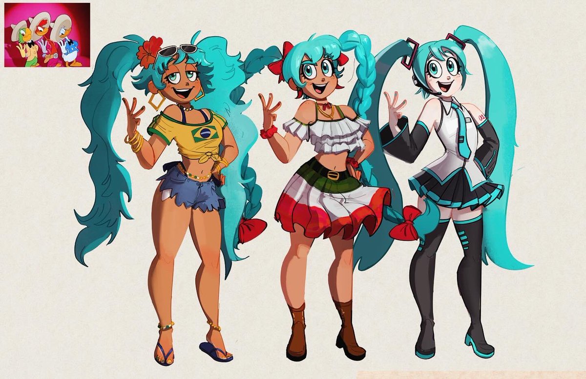 TheAwesombroso's tweet image. 🇯🇵, 🇧🇷 &amp;amp;  🇲🇽 Miku doing the three caballeros pose ✨❤️ 😆