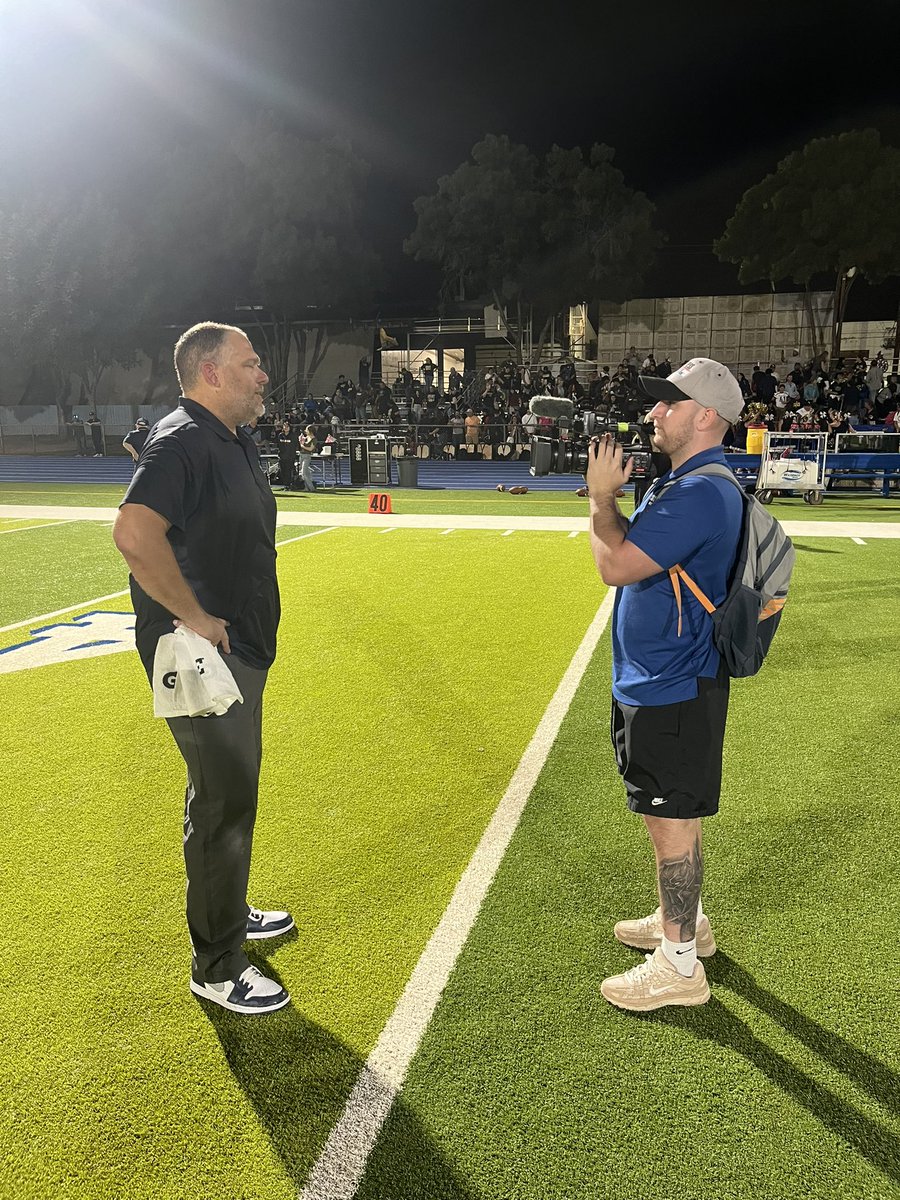 ShafterHigh's tweet photo. Comes full circle. One of the best to play for @forceuser64 interviewing him after his 100th win. @jacksontsanchez @shafterhighfootball https://t.co/YnHCGPmMTI