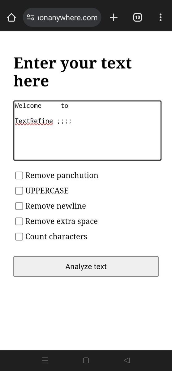 SachinKush57887's tweet image. 🚀 Excited to share my first small project: TextRefine! 🎉 A simple tool to clean up text—remove punctuation, convert to uppercase, and more. Check it out and let me know your thoughts! 😊
🌐 sachinkushwaha.pythonanywhere.com

#FirstProject #TextRefine #CleanText
#CodingJourney