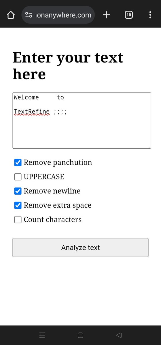 SachinKush57887's tweet image. 🚀 Excited to share my first small project: TextRefine! 🎉 A simple tool to clean up text—remove punctuation, convert to uppercase, and more. Check it out and let me know your thoughts! 😊
🌐 sachinkushwaha.pythonanywhere.com

#FirstProject #TextRefine #CleanText
#CodingJourney