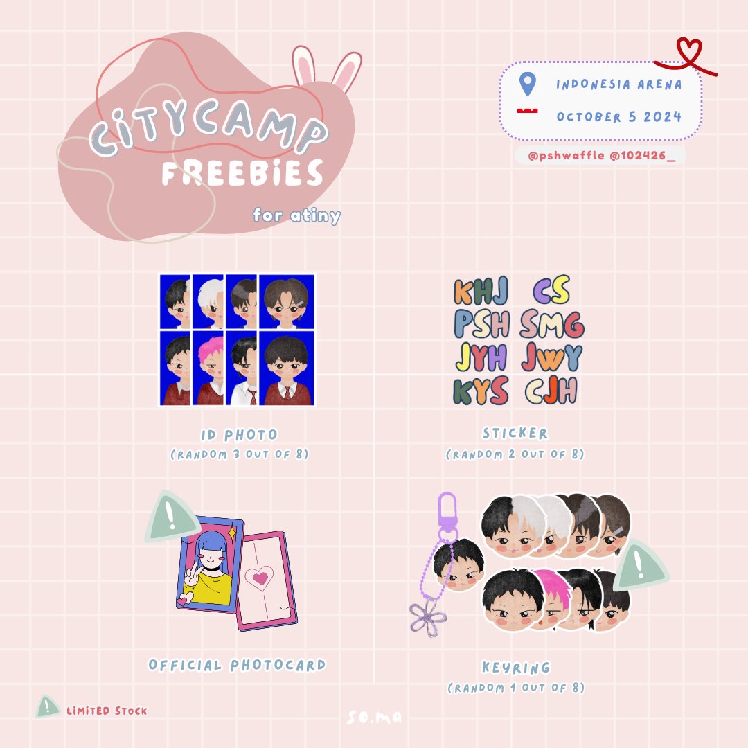 ________soma's tweet image. ‧₊˚ᯓ◟𖦹 city camp 2024 freebies for atiny ‧₊˚ᯓ◟𖦹

by soma (@pshwaffle &amp;amp; @102426_ )

Indonesia Arena, October 5 2024
— details tba

⪩⪨︎  rt &amp;amp; like are appreciated
⪩⪨︎  limited quantity
⪩⪨︎  more details on pic

𓇼 see you!

#ATEEZ #ATINY #CityCamp #ATEEZinJKT