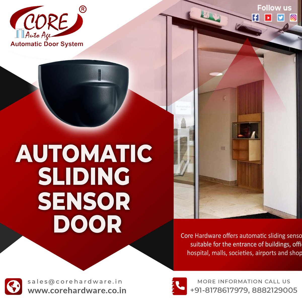 coreautoage's tweet image. Crafted with exceptional technology and inventive mechanism, Core offers Automatic Sliding Sensor Door for any of your busy space that requires instant operation in-case of emergency.  

#SensorDoors #AutomaticDoors #SmartEntry #AccessControl #Lucknow #architecture #corehardware