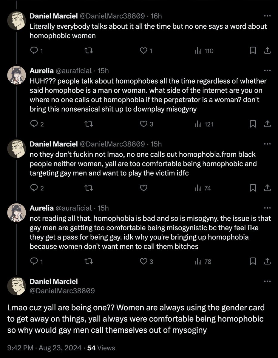 auraficial's tweet photo. @cannibalatrix genuinely insane interaction i had yesterday like you cannot make this shit up. homophobia is when women tell gay men to stop calling us bitches, apparently https://t.co/3k1SOq3GlJ