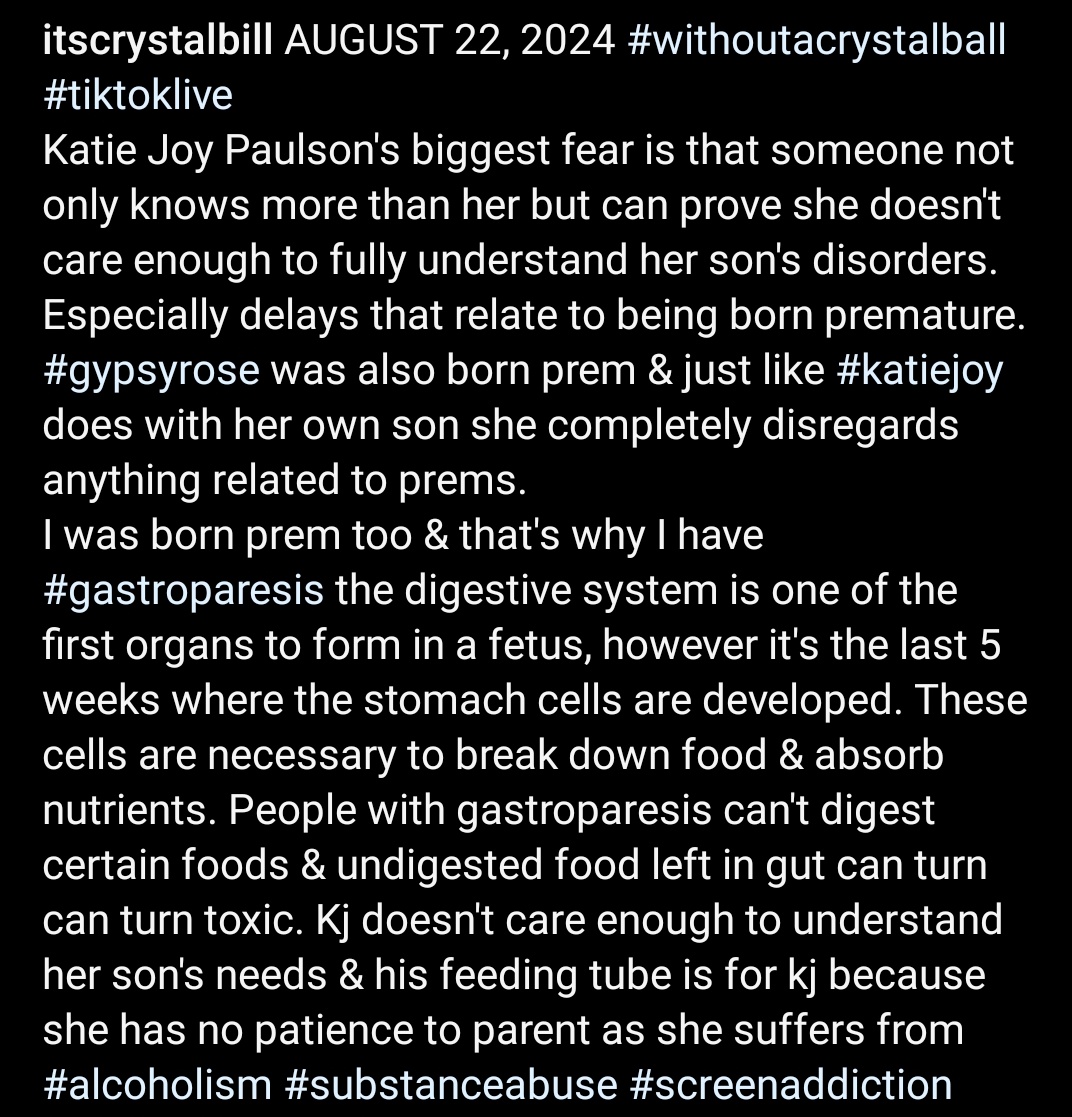 itscrystalbill's tweet photo. #withoutacrystalball relies on people not caring enough to look into her son's disorders. #katiejoypaulson's words don't match her actions #woacb KJ'S HARMING HER SON!! ACID REFLUX HURTS! #katiejoyisaliar #gastroparesis #tiktoklive FAIL!!
#feedingtube only benefits kj! #addiction https://t.co/32nhYaSFp7