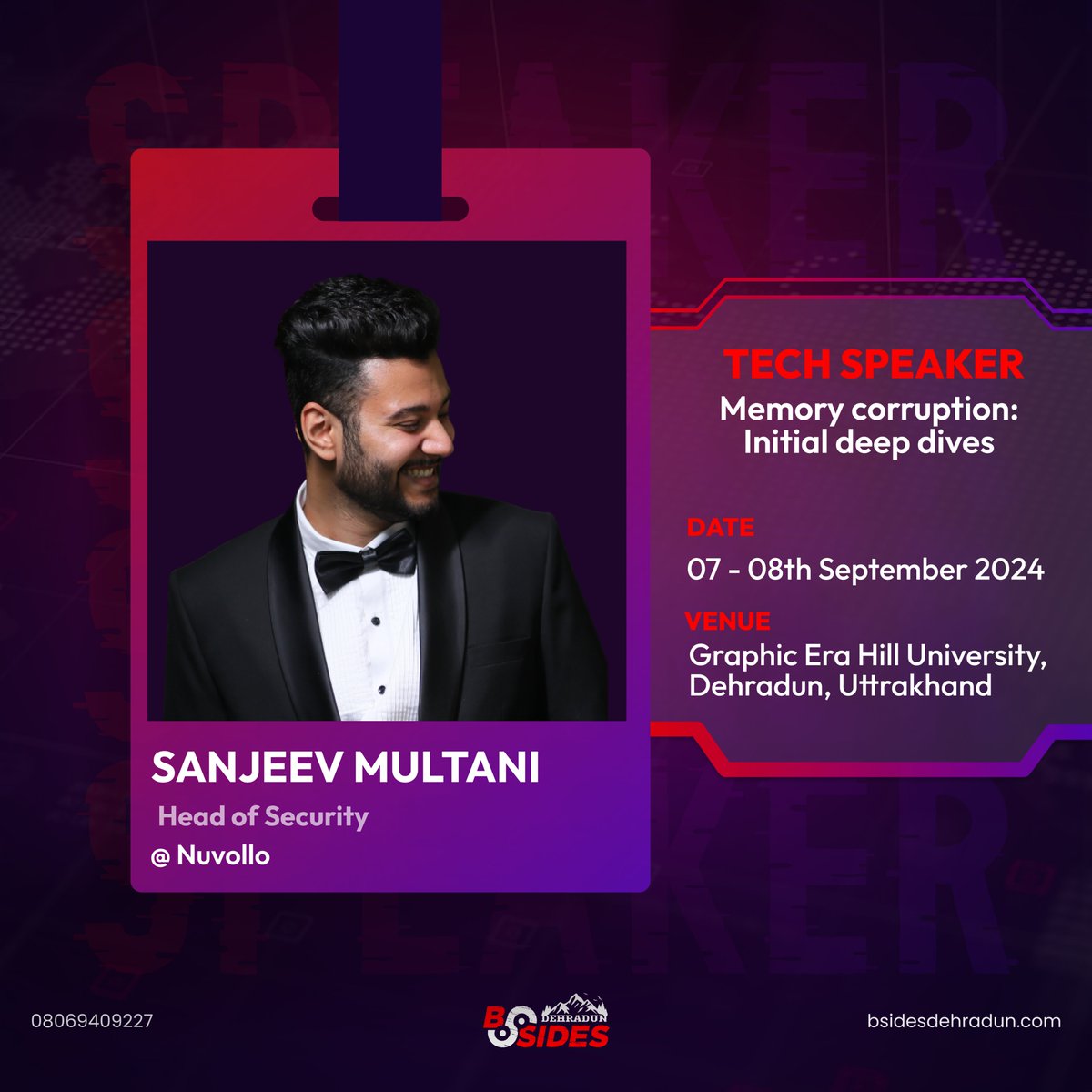 🔒 Meet the Security Warrior: Sanjeev Multani a.k.a. MR. BOF 🔒

We are excited to have Sanjeev Multani (<a href="/sanjeevmultani/">Sanjeev Multani</a>) as a Tech Speaker at BSides Dehradun 0x01! With over 8 years of experience as a Cyber Security Lead, Red Teamer, and Security Researcher, Sanjeev is known for