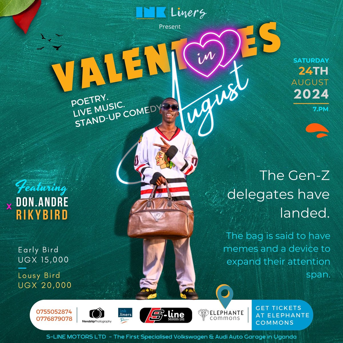 By the time you see this, know that the Poetry event dubbed #ValentinesInAugust ft <a href="/donandrejr/">Don Andre</a> and <a href="/Rikybird/">Riky Bird</a> is happening today at <a href="/ElephanteComns/">Elephante Commons</a> Gulu. 

If you call or text before 2PM, you might still be able to get you and Early bird ticket at only 15,000 Ugx.