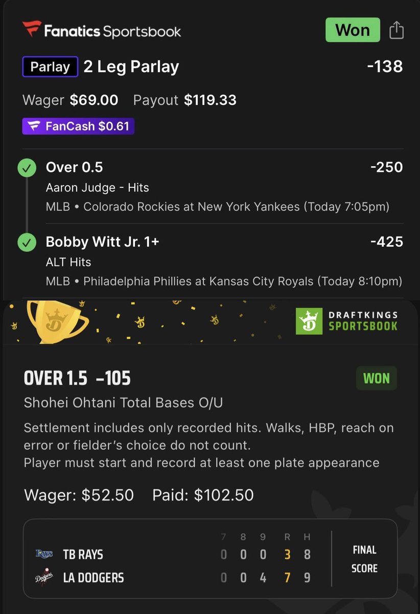 919Sharps's tweet photo. @SmoovesLocks stays HOT in MLB😮‍💨
Tonight we cashed…
Judge &amp; Ohtani HR Lay +899✅💰
Boosted Hit Parlay +895✅💰
Judge HR Boosted +350✅💰
Judge &amp; Bobby Hit Parlay✅💰
Ohtani o1.5 Bases✅💰
O’Neil Cruz o1.5 HRR✅💰 https://t.co/kNewbCh8e3