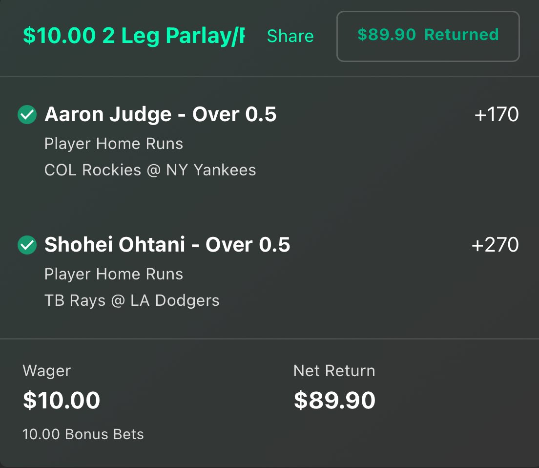 919Sharps's tweet photo. @SmoovesLocks stays HOT in MLB😮‍💨
Tonight we cashed…
Judge &amp; Ohtani HR Lay +899✅💰
Boosted Hit Parlay +895✅💰
Judge HR Boosted +350✅💰
Judge &amp; Bobby Hit Parlay✅💰
Ohtani o1.5 Bases✅💰
O’Neil Cruz o1.5 HRR✅💰 https://t.co/kNewbCh8e3