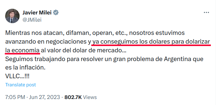 mis2centavos's tweet photo. ¿Qué se habrá hecho de los dólares que @JMilei ya había conseguido para dolarizar, no? https://t.co/Apc0C1rO2v