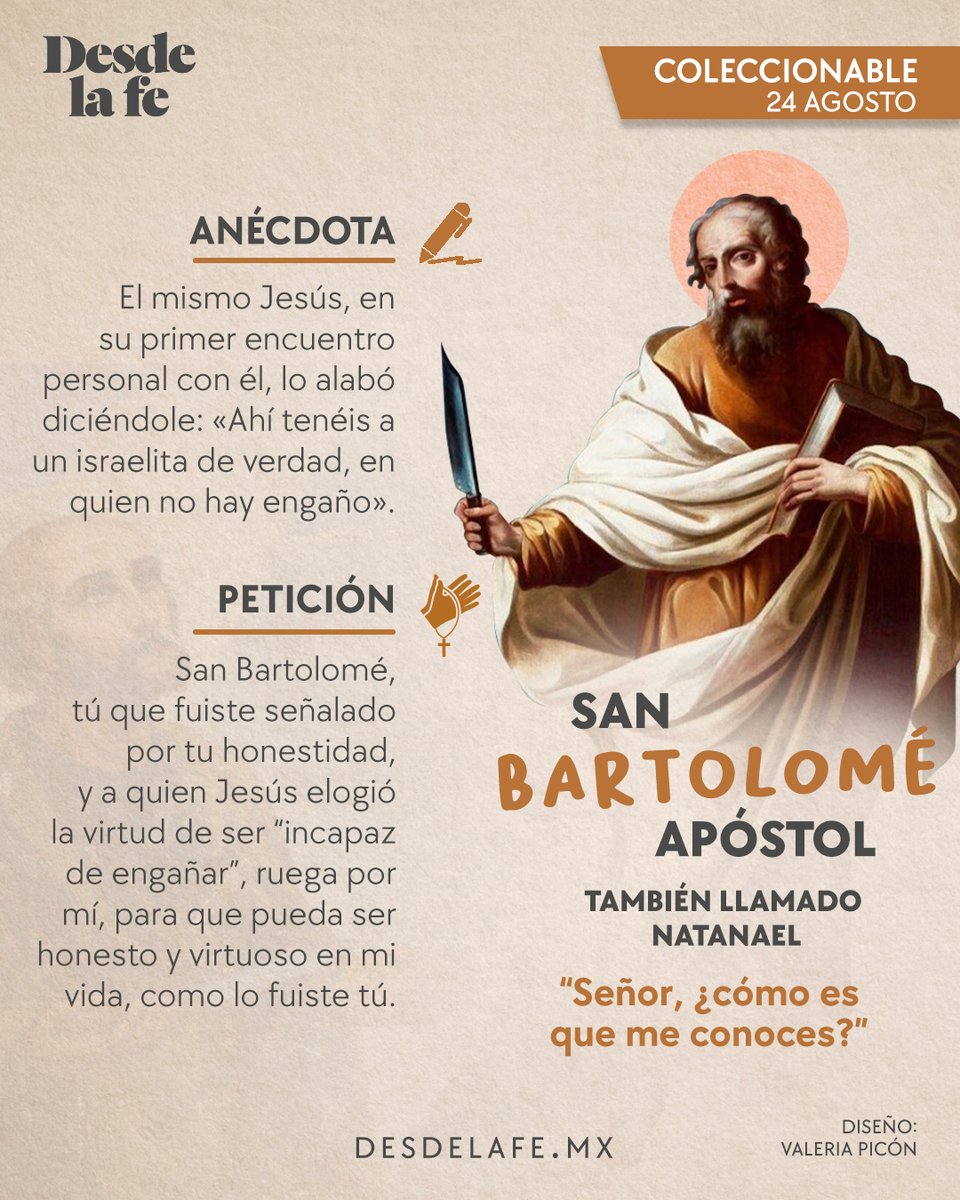 DesdeLaFeMx's tweet photo. Este 24 de agosto celebramos a #SanBartolome, uno de los 12 apóstoles, a quien Jesús mismo alabó desde el primer día que se encontraron frente a frente. 😇👉 https://t.co/3U5WBhRFFQ https://t.co/C5lTVJrIMl