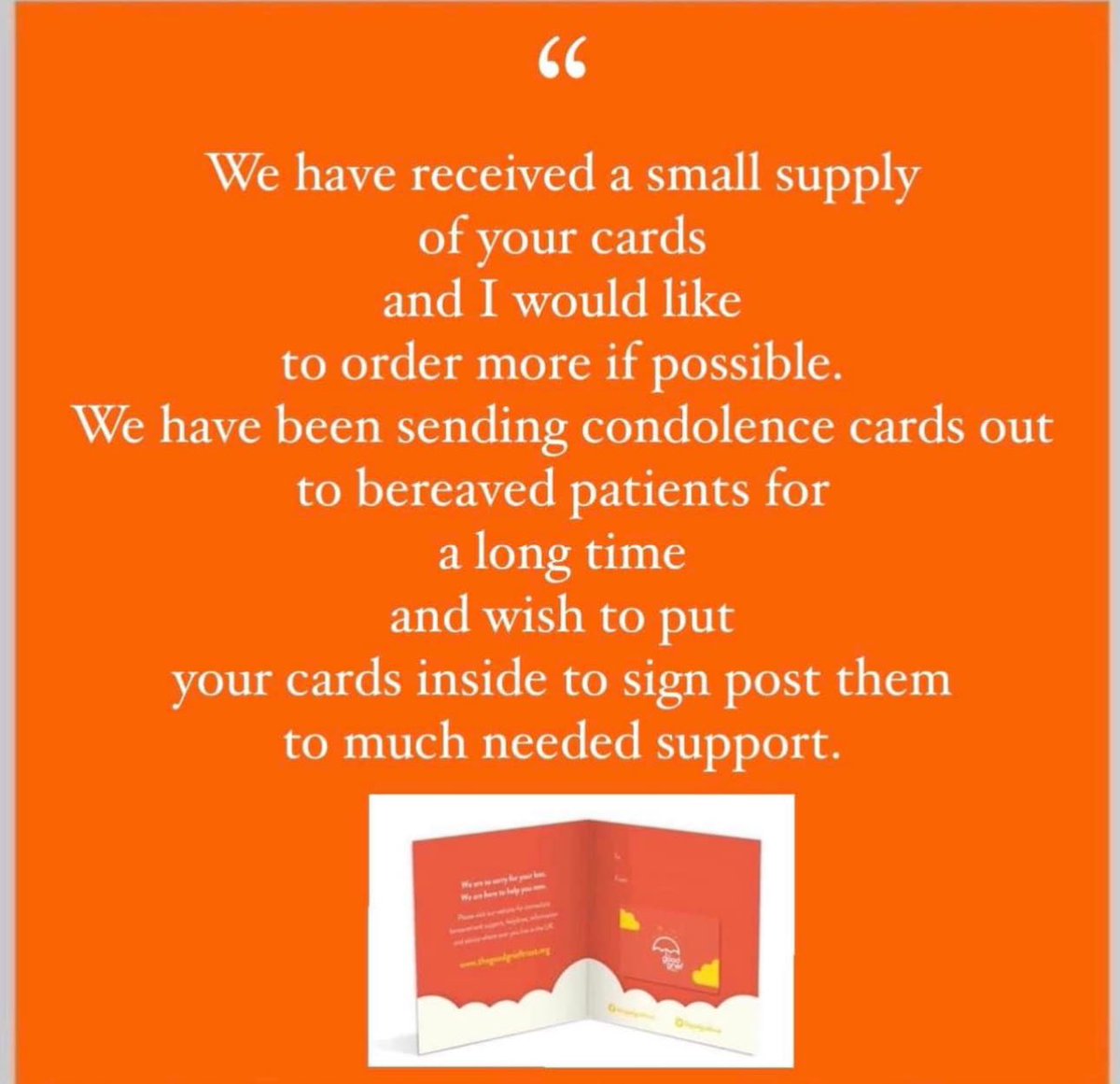 goodgrieftrust's tweet photo. We have supplied over 4000 GP practices to date, with our Good Grief condolence & signposting card.
This resource ensures health professionals are able to offer their bereaved patients early access to a choice of tailored support.
#helpandhopeinoneplace
🧡☂️
To order: https://t.co/pLXrRaeIje