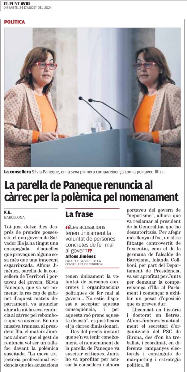 Que Alfons Jiménez (<a href="/Alfjimcor/">Alfons Jiménez</a>) finalment hagi renunciat al càrrec pel qual havia estat nomenat per la seva parella sentimental, la consellera <a href="/SilviaPaneque/">Sílvia Paneque</a>, és una victòria dels que defensem que la pervivència de les oligarquies de poder perjudica la democràcia.  Combatre-les