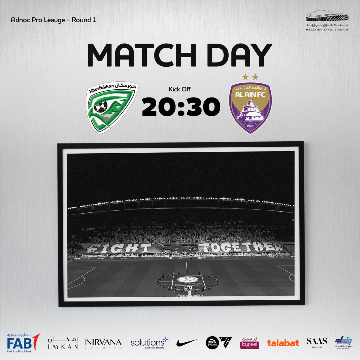 HBZstadium's tweet photo. 𝐈𝐓 𝐁𝐄𝐆𝐈𝐍𝐒 𝐓𝐎𝐃𝐀𝐘 😍💜

Al Ain 🆚 Khorfakkan
ADNOC Pro League 🏆

#hbzstadium  🏟️ https://t.co/ap9CLB3bRh