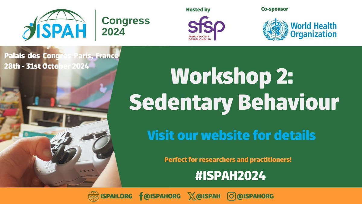ISPAH (@ispah) on Twitter photo 🪑 Join the #ISPAH2024 workshop 'Sedentary behaviour, from physiology to policy' with <a href="/PI_Mackie/">Paul Mackie</a>, <a href="/JenAirlie/">Dr Jennifer Airlie</a>, <a href="/AnaJPinto/">Ana Jéssica Pinto</a>, & <a href="/A_Bergouignan/">Audrey Bergouignan</a>. More info 👉 buff.ly/4dI48Os.
🎟️ Secure a ticket via your congress dashboard.
<a href="/SFSPasso/">Société Française de Santé Publique</a> <a href="/WHO/">World Health Organization (WHO)</a> 🪑 Join the #ISPAH2024 workshop 'Sedentary behaviour, from physiology to policy' with <a href="/PI_Mackie/">Paul Mackie</a>, <a href="/JenAirlie/">Dr Jennifer Airlie</a>, <a href="/AnaJPinto/">Ana Jéssica Pinto</a>, & <a href="/A_Bergouignan/">Audrey Bergouignan</a>. More info 👉 buff.ly/4dI48Os.
🎟️ Secure a ticket via your congress dashboard.
<a href="/SFSPasso/">Société Française de Santé Publique</a> <a href="/WHO/">World Health Organization (WHO)</a>