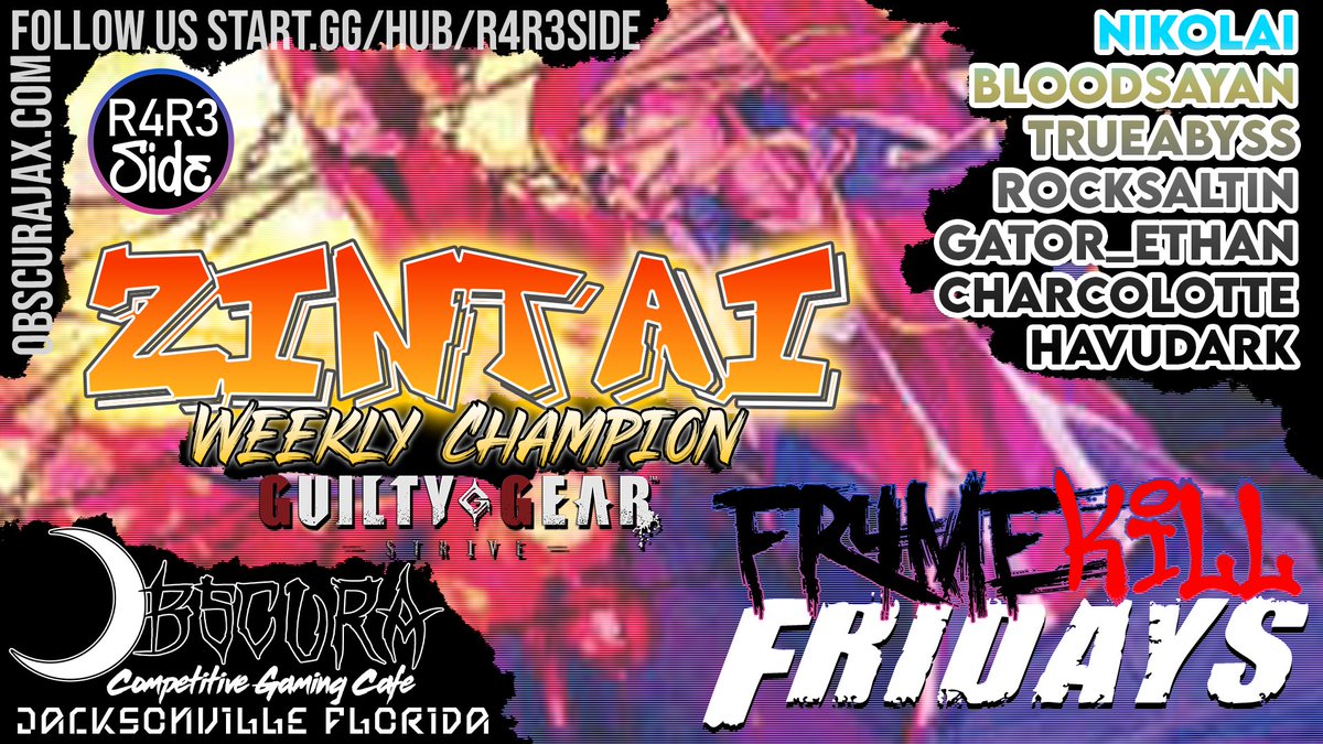R4R3side's tweet photo. Congratulations to @zintai27 our Guilty Gear Strive #FrameKillFridays weekly champion! Be sure to cheer him on tomorrow at 2pm EST as he takes on the @JuicyGameNight monthly!

Don't forget to pre-register for our monthly @ObscuraJAX Sept. 20th-21st. https://t.co/DDWhZrOWYW https://t.co/BgxOrPZPCV