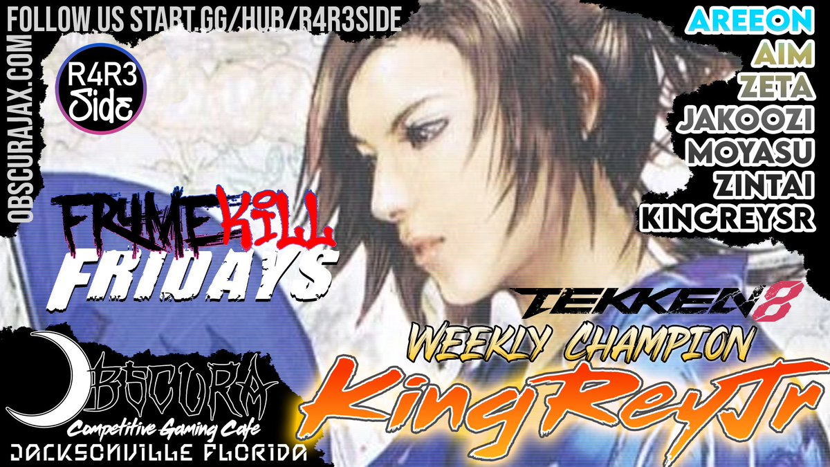R4R3side's tweet photo. AND STILL UNDEFEATED @ObscuraJAX  our TEKKEN 8 #FrameKillFridays weekly champion, @KingReyJr_ ! Catch him competing in tomorrows STACKED @JuicyGameNight w/ almost 90+ players🤯

Don't forget to pre-register for our monthly @ObscuraJAX Sept. 20th-21st. https://t.co/DDWhZrOp9o https://t.co/RQt9IdvxCc