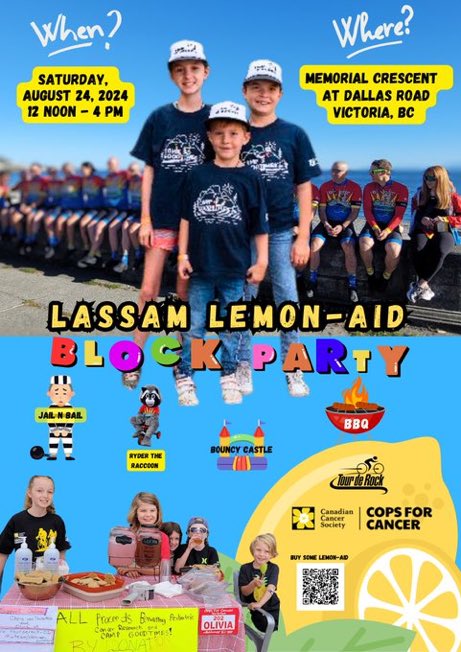 Tour de Rock Junior Rider, Olivia, will be serving up ice cold lemonade for a cause this Saturday!
Olivia was a  Junior Rider with the 2022 Tour de Rock and continues to raise money for childhood cancer research. 
Stop by for the block party, BBQ, games and bouncy castle