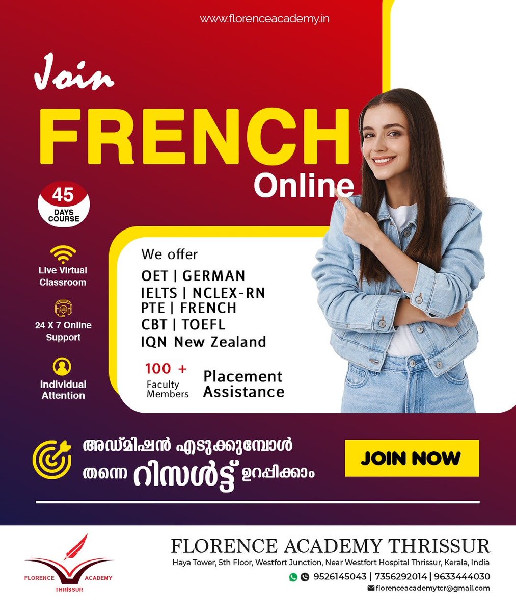 AcademyNursing's tweet image. Enroll in a 45-day live virtual course designed to make learning French easy and accessible. Get 24/7 online support, individual attention, and placement assistance from a team of over 100 expert faculty members.
#learnfrenchlanguage #languagelearning #LanguageCourse #studyfrench
