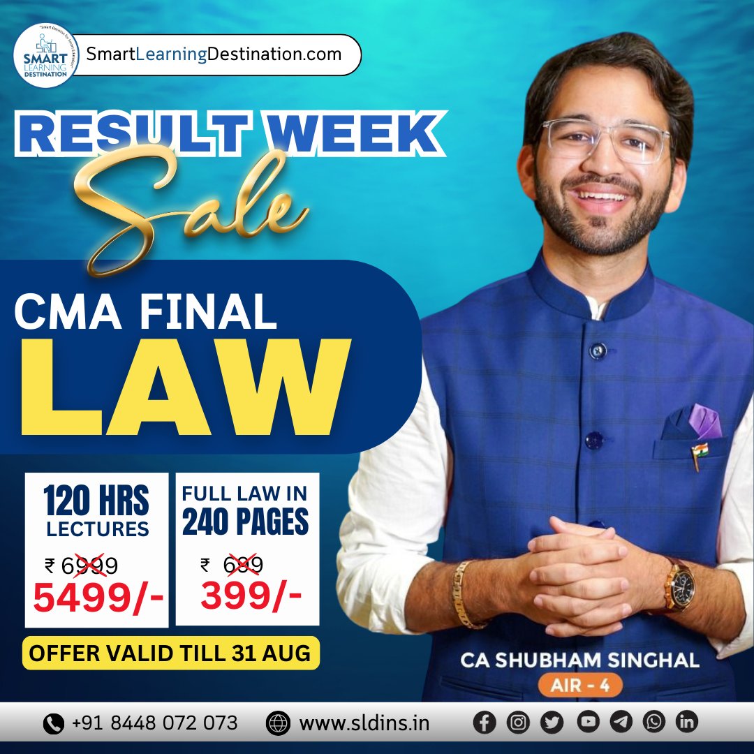 SLDINSLECTURE's tweet image. Result Day Week Offer CMA Law by CA Shubham Singhal
☎️ Enquiry Call - 8448072073
📱 WhatsApp - 9179777 7788
🌐 Visit- smartlearningdestination.com
| On-Time Free Delivery |
| Lowest Price |
| Genuine Product |
| Secure Payment |
| Best After Sell Support |
| Serving Since 2016 |
#CMA
