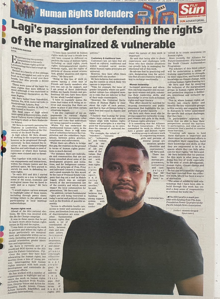 AFG Co-Founder Lavetanalagi Seru is featured on the Fiji Sun, sharing his journey and work as an activist, and a human rights defender.