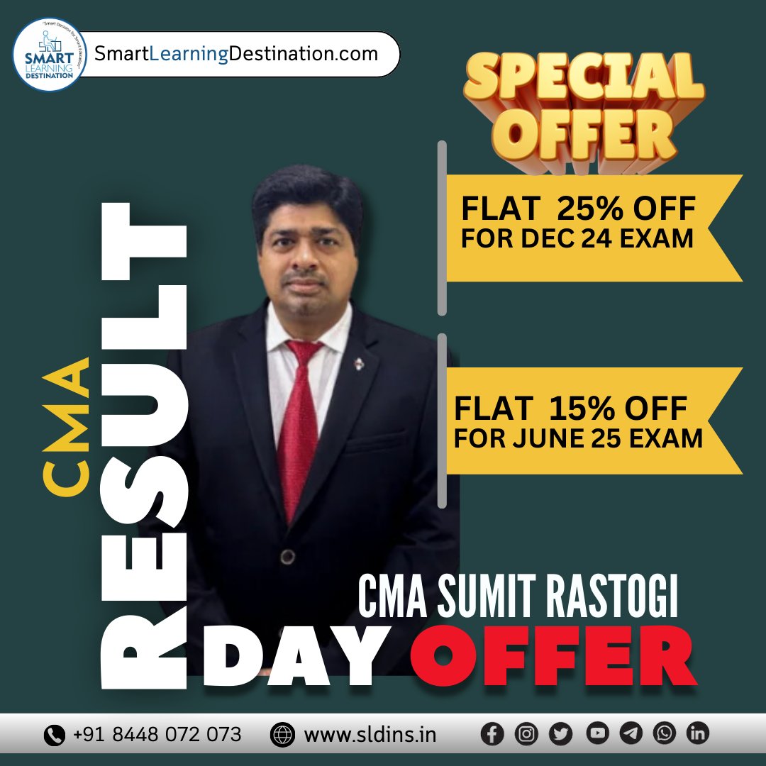 SLDINSLECTURE's tweet image. Result Day Offer by CMA Sumit Rastogi
Get 25% off on Dec 24 Exam
Get 15% off on June 24 Exam
📱 WhatsApp - 9179777 7788
| On-Time Free Delivery |
| Lowest Price |
| Genuine Product |
| Secure Payment |
| Best After Sell Support |
| Serving Since 2016 |