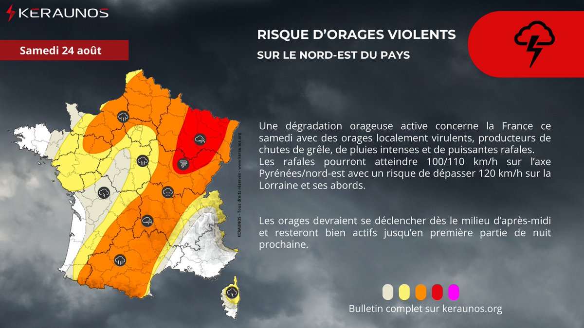 ⛈️Une dégradation orageuse active va concerner la France ce samedi avec un risque d'#orages forts des Pyrénées au nord du pays.
Sur le nord-est, il existe un risque significatif d'orages violents en raison du potentiel venteux (rafales > 120 km/h localement possibles).

Bulletin