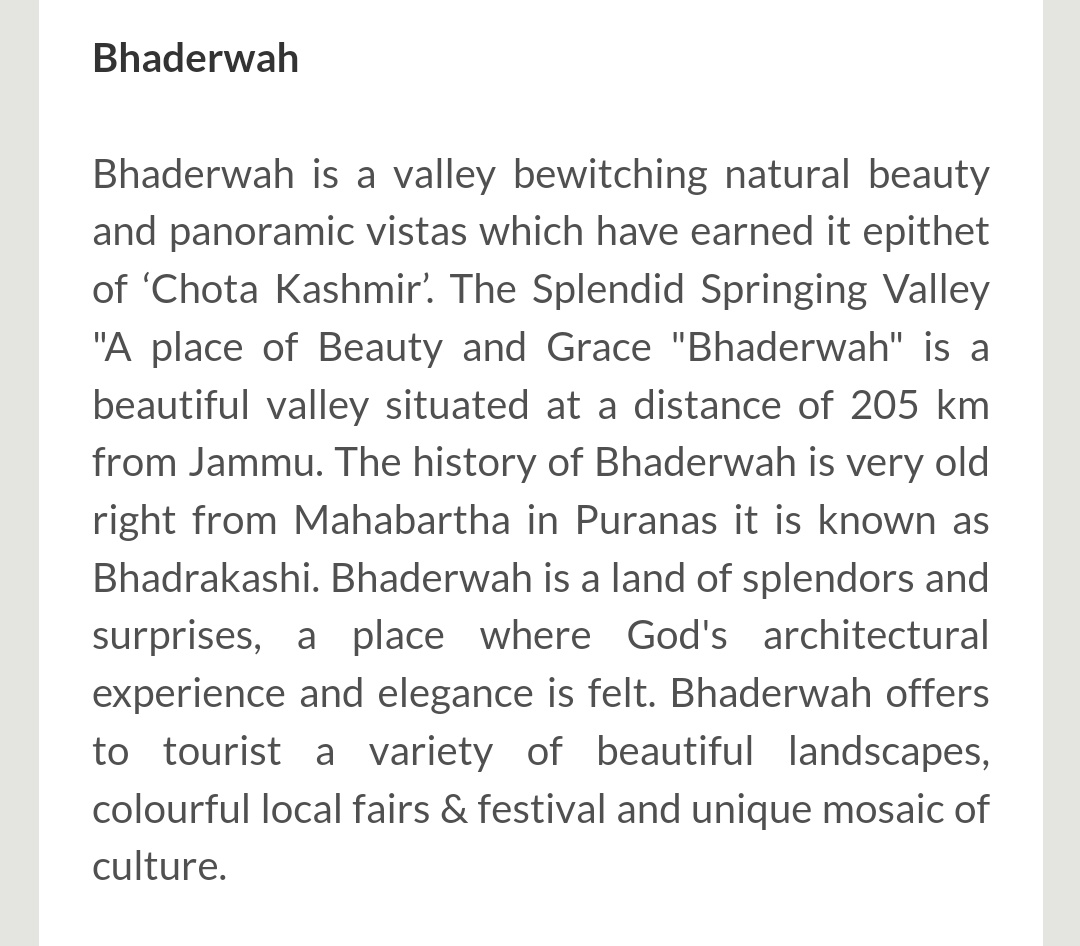 Jammu Tourism's website is a joke! Kathua is labeled as 'chota pahalgaon' despite its much vast area &amp; history. Bhaderwah,Poonch r ridiculously mentioned as'Mini Kashmir'!
What's with obsession of inserting Kashmir anywhere without any context? #JammuIsNotKashmir
<a href="/JammuTourism/">Jammu Tourism</a>