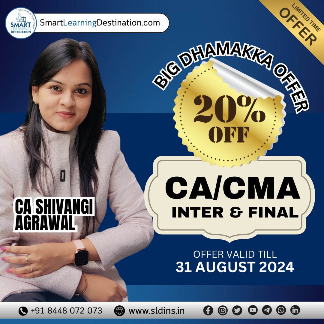 SLDINSLECTURE's tweet image. Result Dhamaka Offer
Get 20% off on CA & CMA Inter & Final by CA Shivangi Agrawal
☎️ Enquiry Call - 8448072073
📱 WhatsApp - 9179777 7788
| On-Time Free Delivery |
| Lowest Price |
| Genuine Product |
| Secure Payment |
| Best After Sell Support |
| Serving Since 2016 |