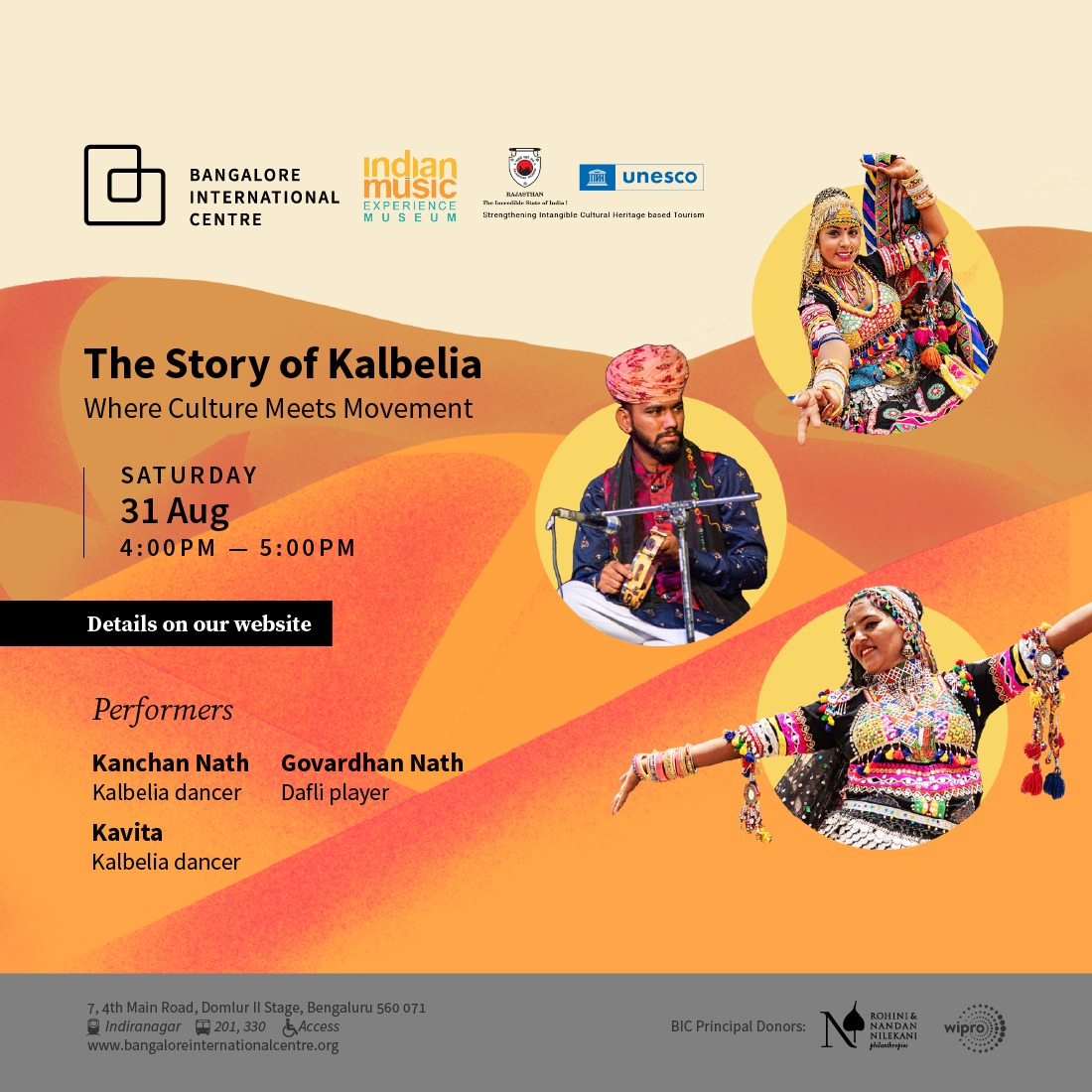 banglanatak's tweet photo. Experience the magic of Rajasthani music and dance in Bangalore!
Join us from Aug 29-31:
BIC Performance - Aug 29, 7 PM
IME Performance - Aug 30, 6 PM
Kalbelia Workshop at BIC - Aug 31, 4 PM
#RajasthanTourism #IncredibleIndia #CulturalHeritage #KalbeliaDance #RajasthanCulture https://t.co/U9O1xX6n3Q