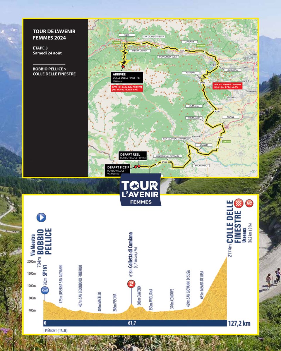 ETAPE 2️⃣

🚩 BOBBIO PELLICE
⏰ 9h45
📏 127,2 km
🏁 COLLE DELLE FINESTRE

ℹ️ tourdelavenirfemmes.com/journees/etape…

#TDAV #TourdelAvenir #TourdelAvenirFemmes ✨