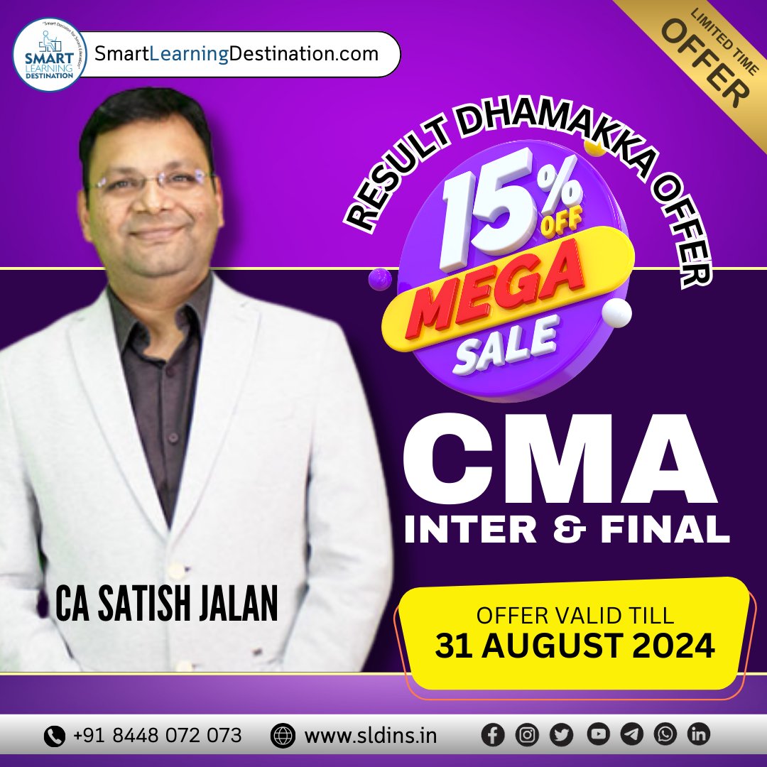 SLDINSLECTURE's tweet image. Result Dhamaka Offer
Get 15% off on CMA Inter & Final by CA Satish Jalan
☎️ Enquiry Call - 8448072073
📱 WhatsApp - 9179777 7788
| On-Time Free Delivery |
| Lowest Price |
| Genuine Product |
| Secure Payment |
| Best After Sell Support |
| Serving Since 2016 |