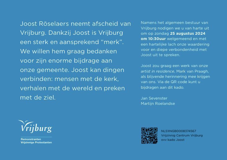 Morgen neemt <a href="/Roselaers/">Joost Röselaers</a> afscheid als predikant van Vrijburg Amsterdam, na in totaal twaalf mooie jaren. Wees van harte welkom, 10.30 uur, Diepenbrockstraat 46!