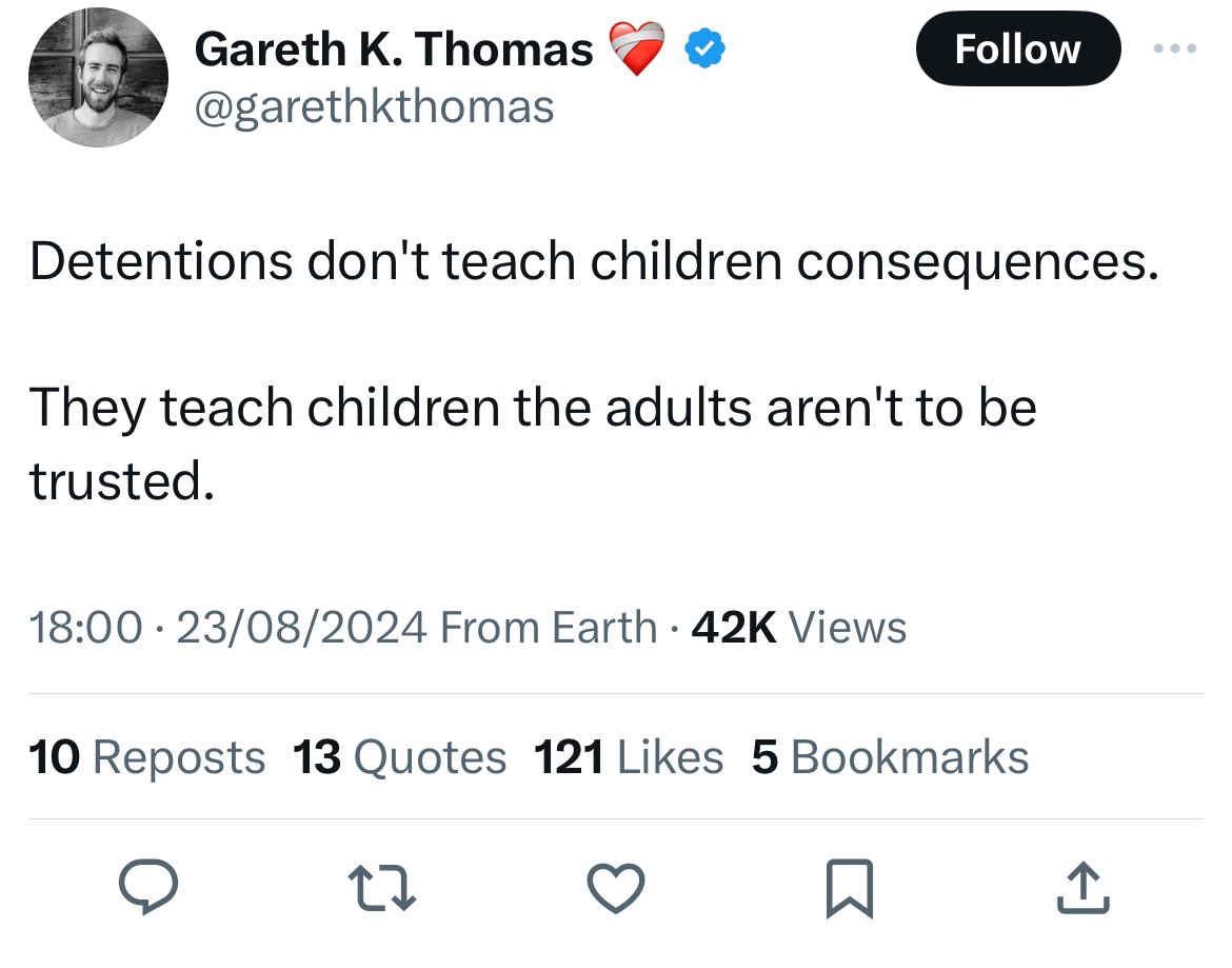 tombennett71's tweet image. Telling a child that their actions have consequences, and then ensuring those consequences happen, is *exactly* how you teach someone to trust you. Because you meant what you said. 

Never holding a child accountable for their actions, never challenging, never penalising them, is…