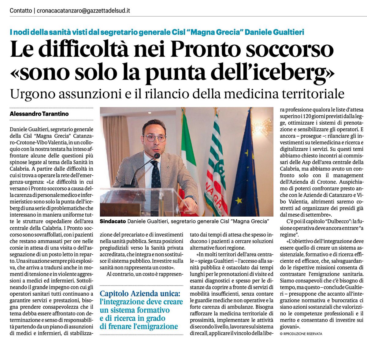 Cisl_M_Graecia's tweet photo. Su Gazzetta del Sud intervista al segretario generale della Cisl Magna Grecia sui temi della sanità nel territorio dell’area centrale della Calabria @DanieleGualtie3  @ltallarico1  @CislMarina https://t.co/qazaU4CAAZ