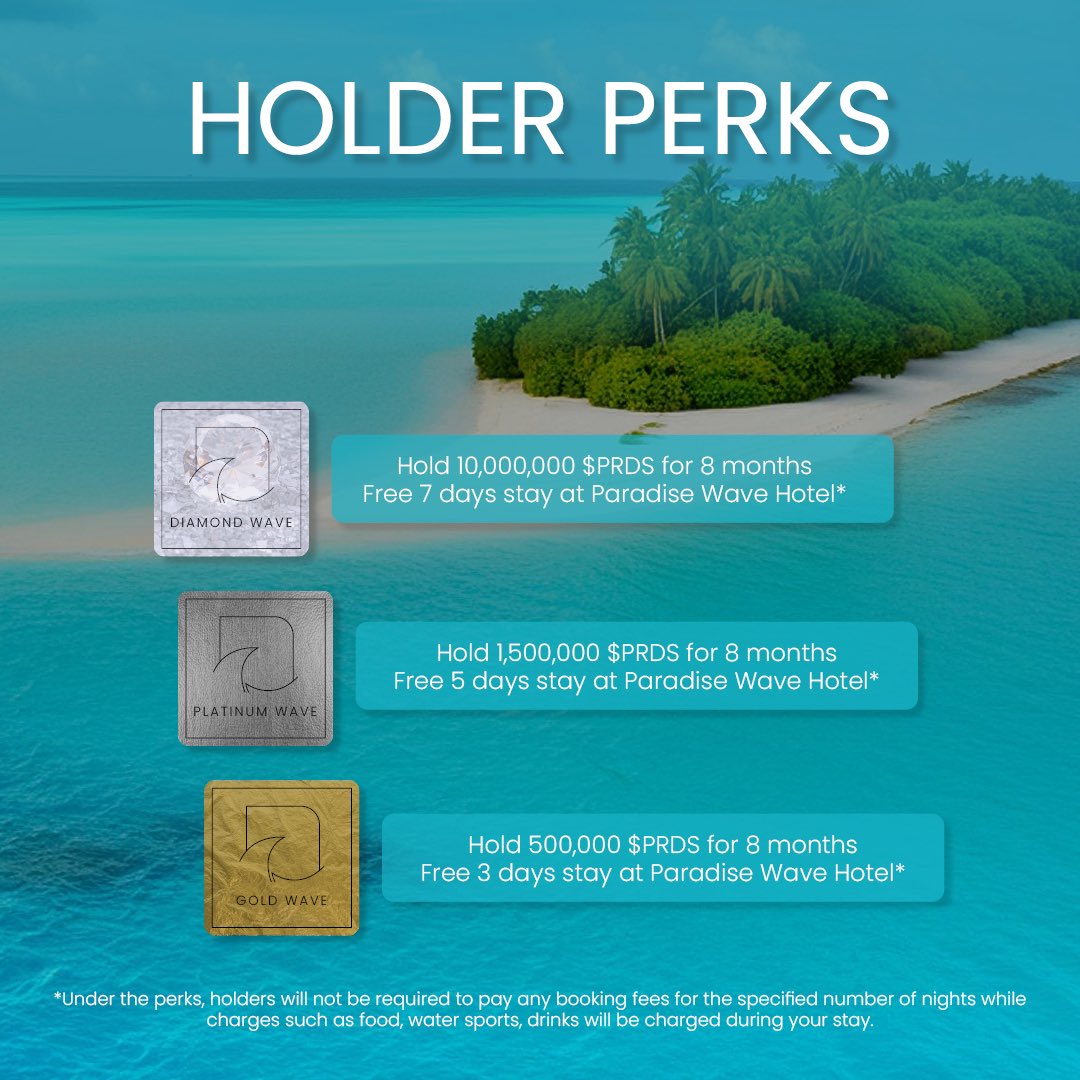 The long awaited new Holder Perks are here 😍

Holders of $PRDS stand to earn free real world rewards at our hotel just by holding the tokens. This’s what it really means to be a true #RWA project 🚀💯

Buy $PRDS for free stays in Maldives

dexscreener.com/bsc/0x909cb844…

#ParadiseWave
