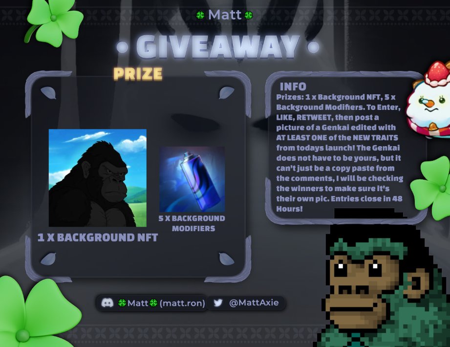MattAxie's tweet photo. COMPETITION TIME!

To celebrate the launch of @CyberKongz new Emaki experience featuring the first batch of new traits and collabs, I am giving away a couple of the new modifiers! I will be drawing 6 random winners once the competition ends. In order to win the background NFT you must own a Genkai in the wallet you submit, to win the background modifiers you don't need to own anything.

Can't wait to see some awesome Genkais in the comments! Click the pic below for details!

@CyberKongz @Ronin_Network @AxieInfinity @adidas @9dccxyz