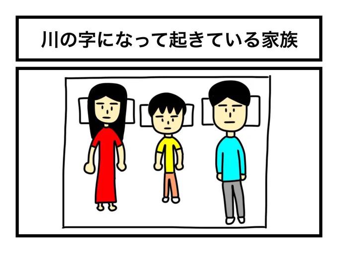 「川の字になって起きている家族」 