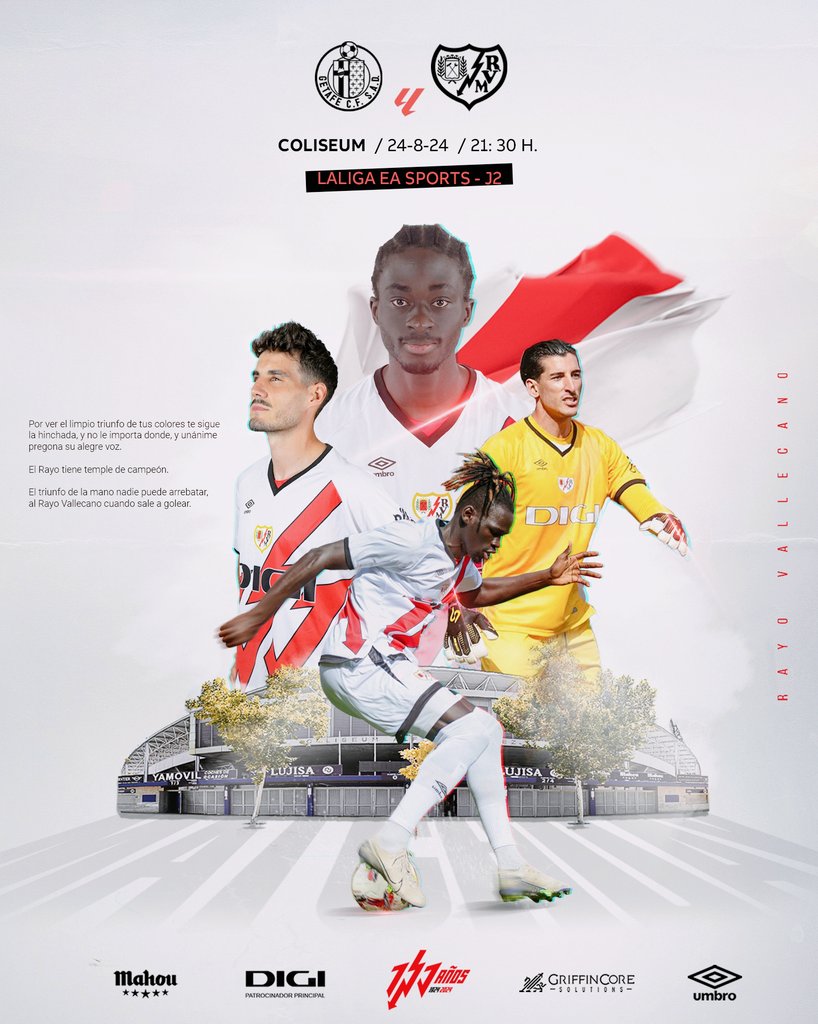 Rayo Vallecano (@rayovallecano) on Twitter photo ⚡ 𝗛𝗢𝗬 𝗝𝗨𝗘𝗚𝗔 𝗘𝗟 𝗥𝗔𝗬𝗢⚡
🏆 Jornada 2 #LALIGAEASPORTS
🆚 <a href="/GetafeCF/">Getafe C.F.</a>
🏟️ Coliseum
🕤 21:30 horas
#GetafeRayo #VamosRayo ⚡ 𝗛𝗢𝗬 𝗝𝗨𝗘𝗚𝗔 𝗘𝗟 𝗥𝗔𝗬𝗢⚡
🏆 Jornada 2 #LALIGAEASPORTS
🆚 <a href="/GetafeCF/">Getafe C.F.</a>
🏟️ Coliseum
🕤 21:30 horas
#GetafeRayo #VamosRayo