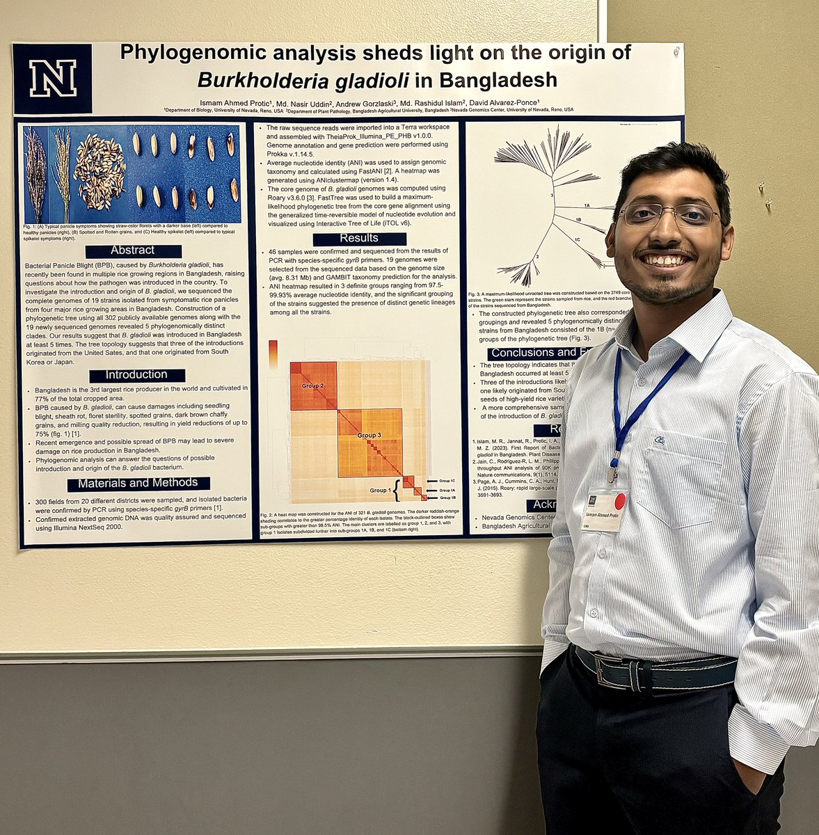 IsmamProtic's tweet photo. The progress of my first year as a PhD student was presented today as a poster in ‘2024 George G. Bierkamper Student Retreat &amp; Orientation’ in the University of Nevada, Reno. 
#CMB #scientificposter #plantpathology #bacteriology #BPB #Bangladesh https://t.co/Qzz5FCgl9t