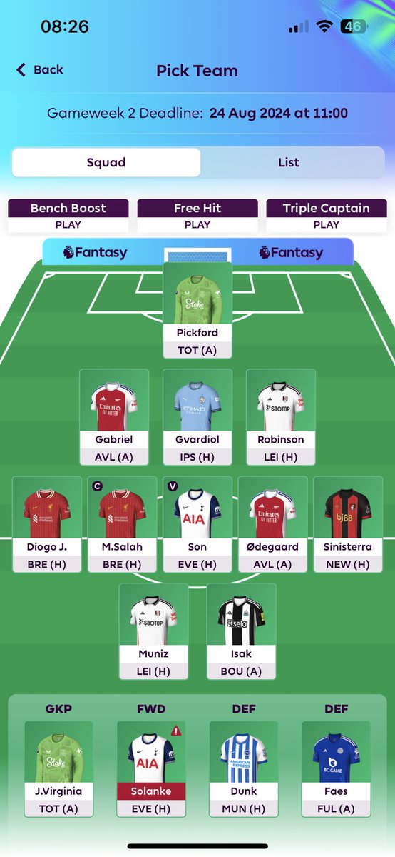 Josh_franklin14's tweet photo. Gameweek 2 🔒 Dunk for Quansah to beat the price drop. Hoping Sini can cover Solanke. Haaland be kind today😂🙈 #FPL https://t.co/0pDhn152UR