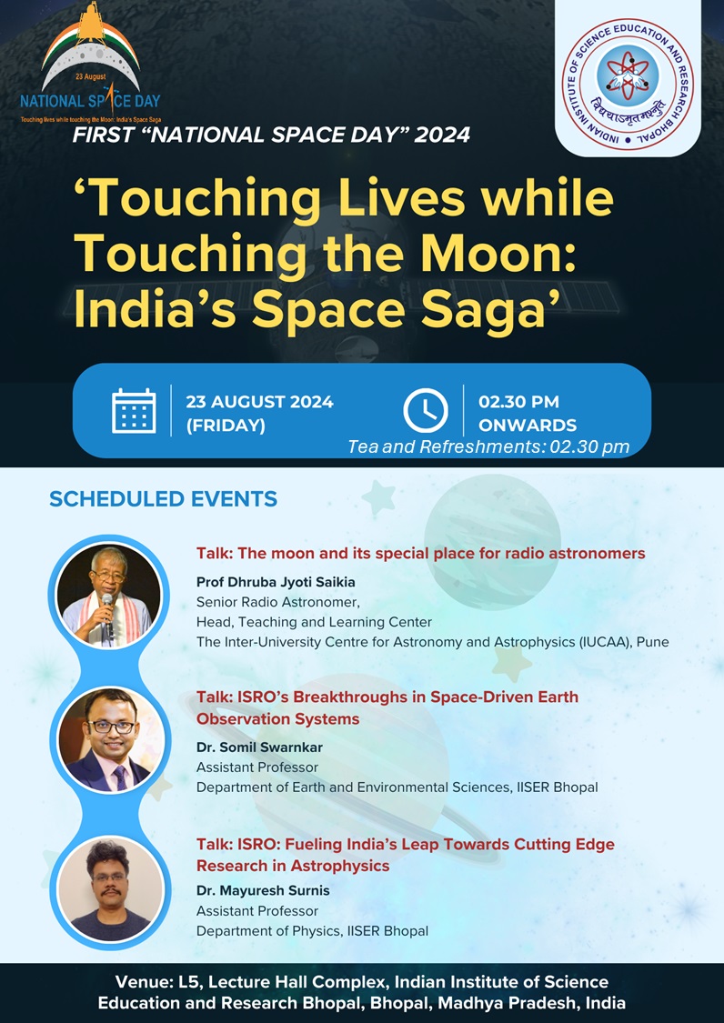 iiserbhopal's tweet image. On the occasion of India&apos;s first Space Day, IISER Bhopal organised a set of activities including quiz by the astronomy club l, posters, model demonstrations, and lectures.

#NationalSpaceDay2024 
#ISRO 
#Chandrayaan3 
#IISERB