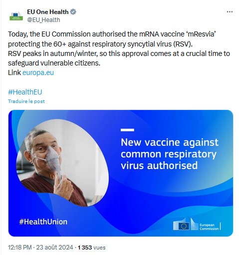 nicolasberrod's tweet image. Le vaccin de Moderna contre les infections à VRS chez les personnes âgées est autorisé en Europe, mais c'est surtout la première fois qu'un vaccin à ARN messager (hors ceux contre le #Covid) est autorisé.

Charge, désormais, aux agences de chaque pays de se prononcer.

1/2