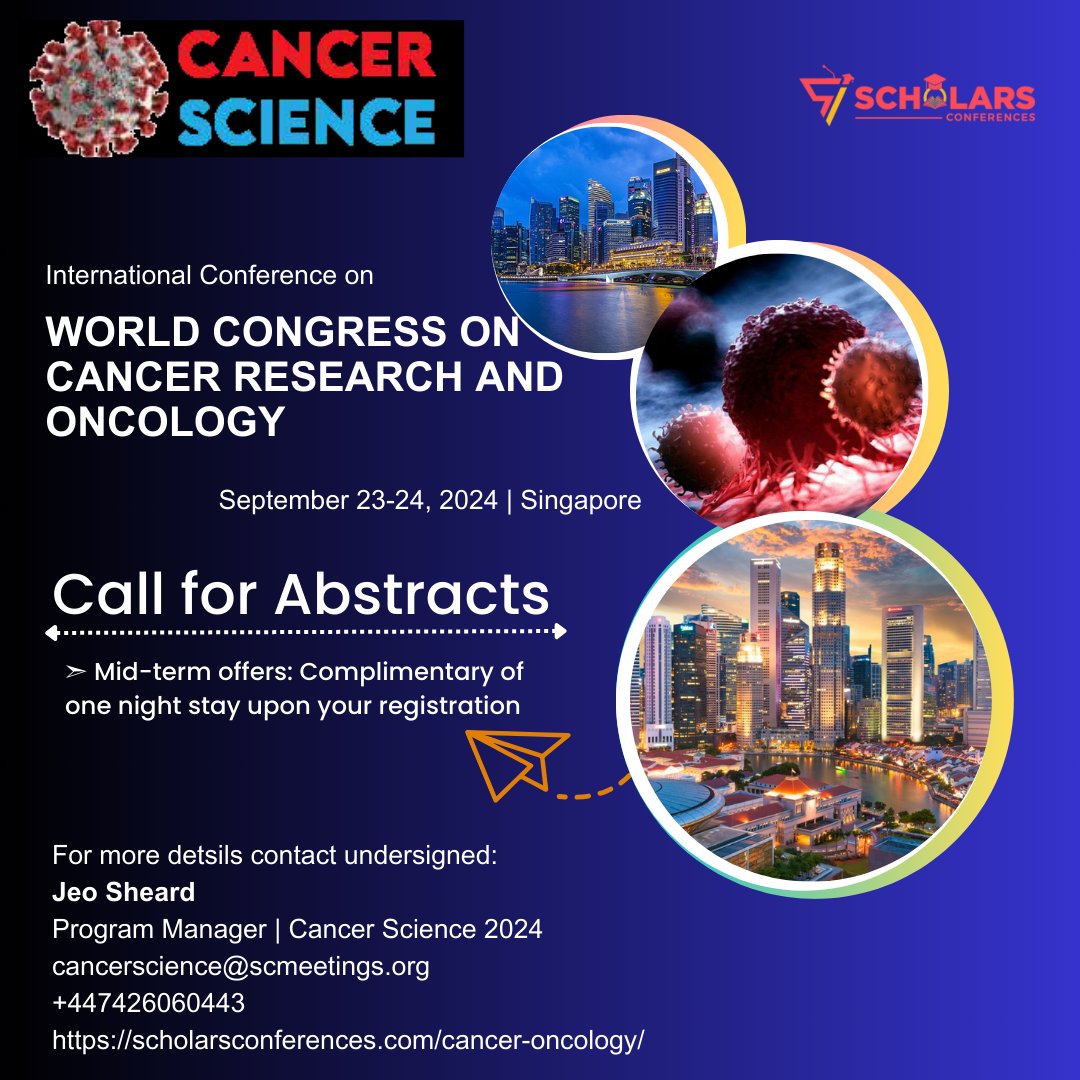 CancerMeet2024's tweet photo. 🌟 Call for Abstracts 🌟
We are thrilled to announce the call for abstract submissions for the Cancer Science 2024! 

Conference Dates: 23-25 September, 2024
Location: Singapore

Submit abstract at:https://t.co/dq5yF6FsIZ

#cancerresearchmeetings  #Oncology
@ScholarsConfer1 https://t.co/rAtOXQzUHY