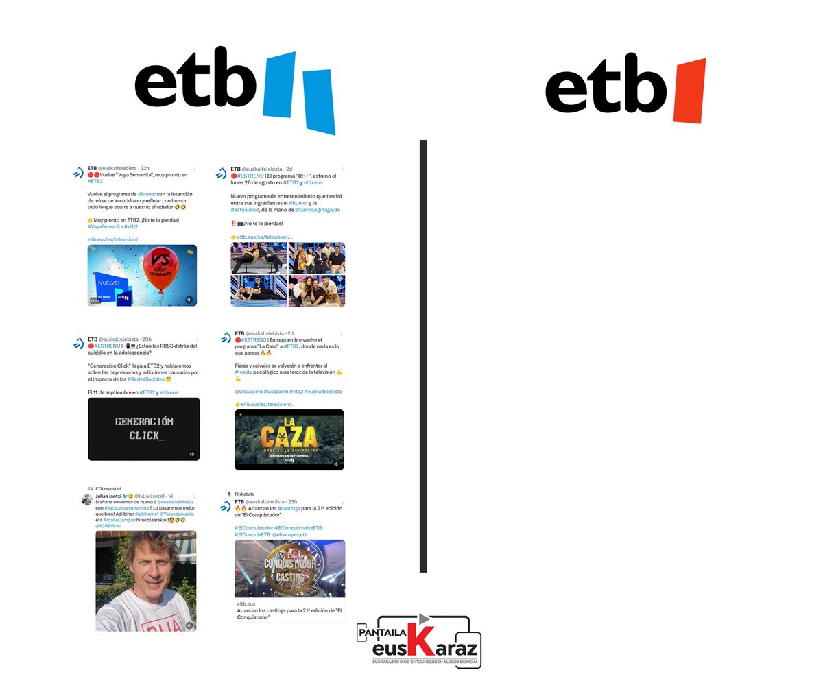 📡 Iragarpen guzti hauek egin ditu <a href="/euskaltelebista/">ETB</a>|k datozen hilabetetarako. Guztiak gazteleraz. Euskararen normalizazioan tresna nagusi izan beharko luken ETB kontrako norabidean dabil. <a href="/Gob_eus/">Eusko Jaurlaritza - Gobierno Vasco</a> berriari EiTBn euskara behingoz erdigunean jartzeko eskatzen diogu beste behin ere.