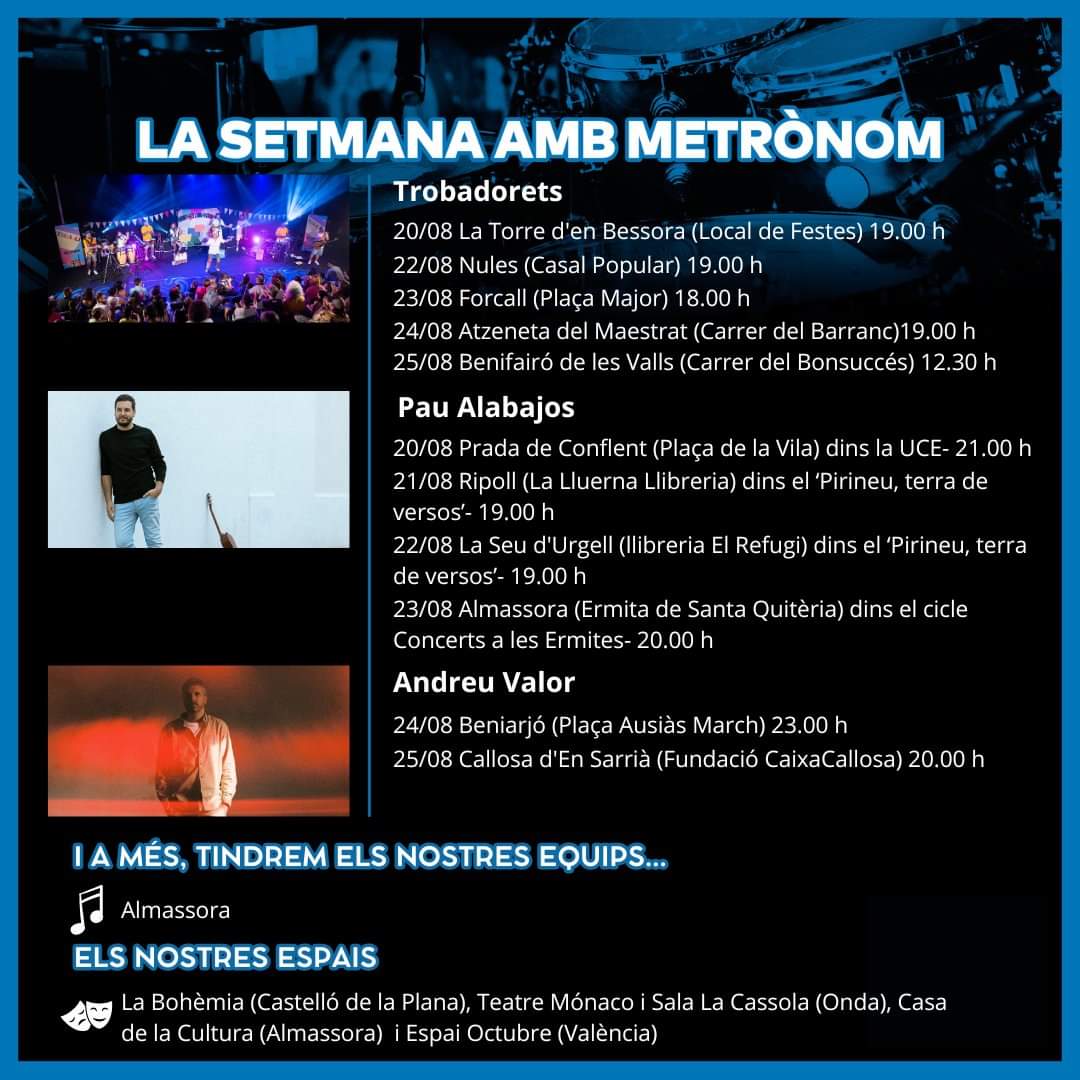 CompanyStas's tweet photo. #24agost24
6hV @ceskfreixas a S Pere Riudebitlles
7hV @TROBADORETS
a Atzeneta del Maestrat/c) delBarranc
8hV #ReggaeperXics a Monells i S Sadurní de l'heura/Crüilles
2/4 de 9hN
~@guillemromatort a TGN/anfiteatreRoma
~@gertrudisband a Sitges
9hN @Julieta_ a Igualada https://t.co/gMJfqNxfOK