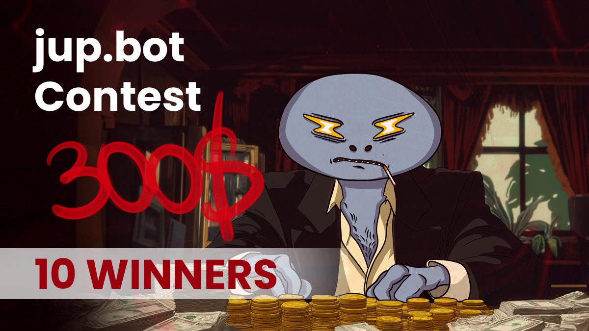 👽 juppies 👀 $300 prize pool

💰JUP.BOT #giveaway

WIN $300, 10 LUCKY WINNERS!

🔥here are the rules:

- click the link and join the bot t.me/Jup_trade_bot 
- follow us @Jupbot_sol
- tag your #Solana friends,  RT + ❤️
- follow us on telegram