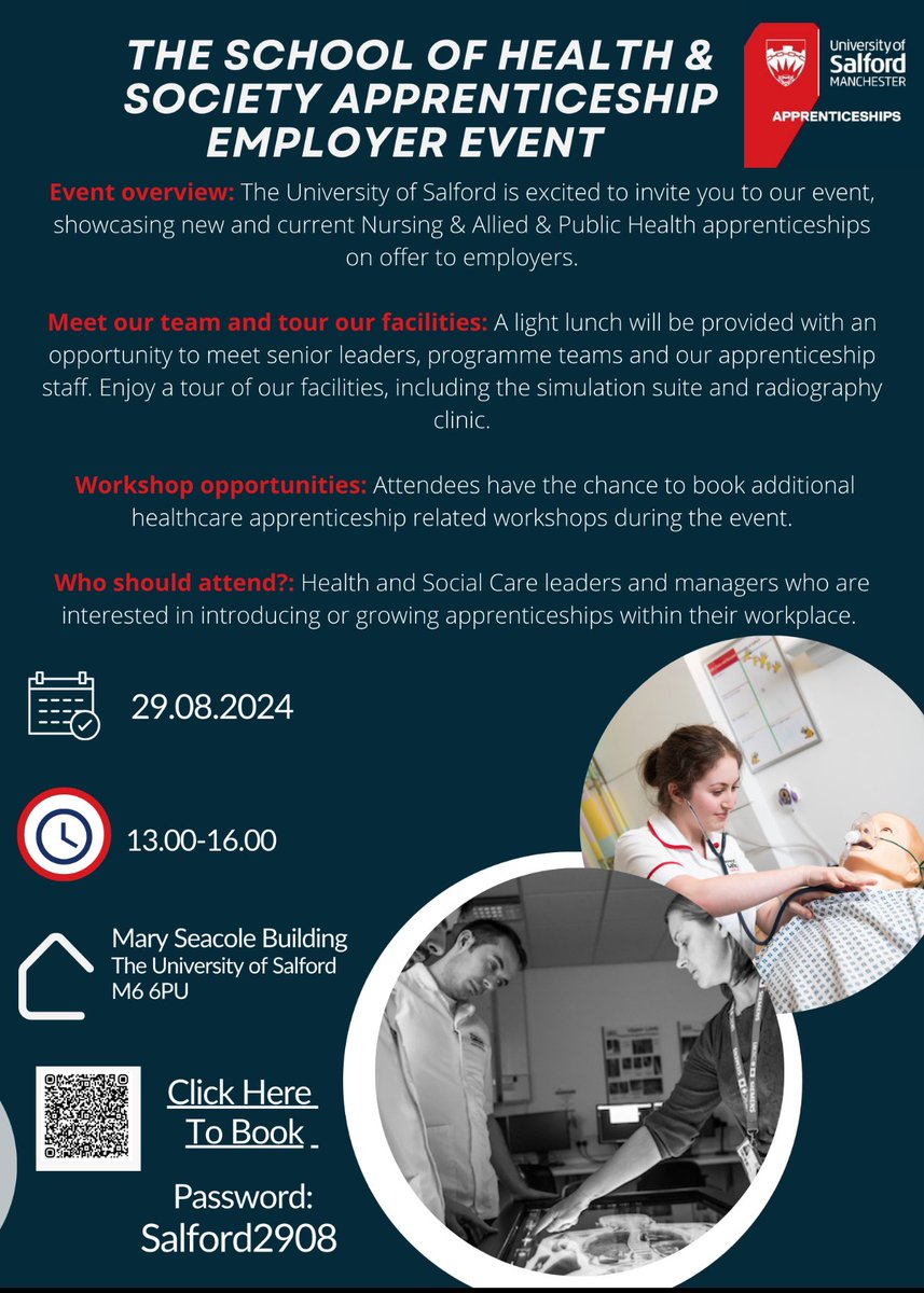 Calling all employers interested in #Apprenticeships. Event next Thursday, please come along and meet the teams in the school of health and society AHPs and Nursing teams. See you there! <a href="/SalfordUni/">University of Salford</a> <a href="/HealthCareersUK/">NHS Health Careers</a> <a href="/UoS_Apprentice/">UoS Degree Apprenticeships</a> #salford