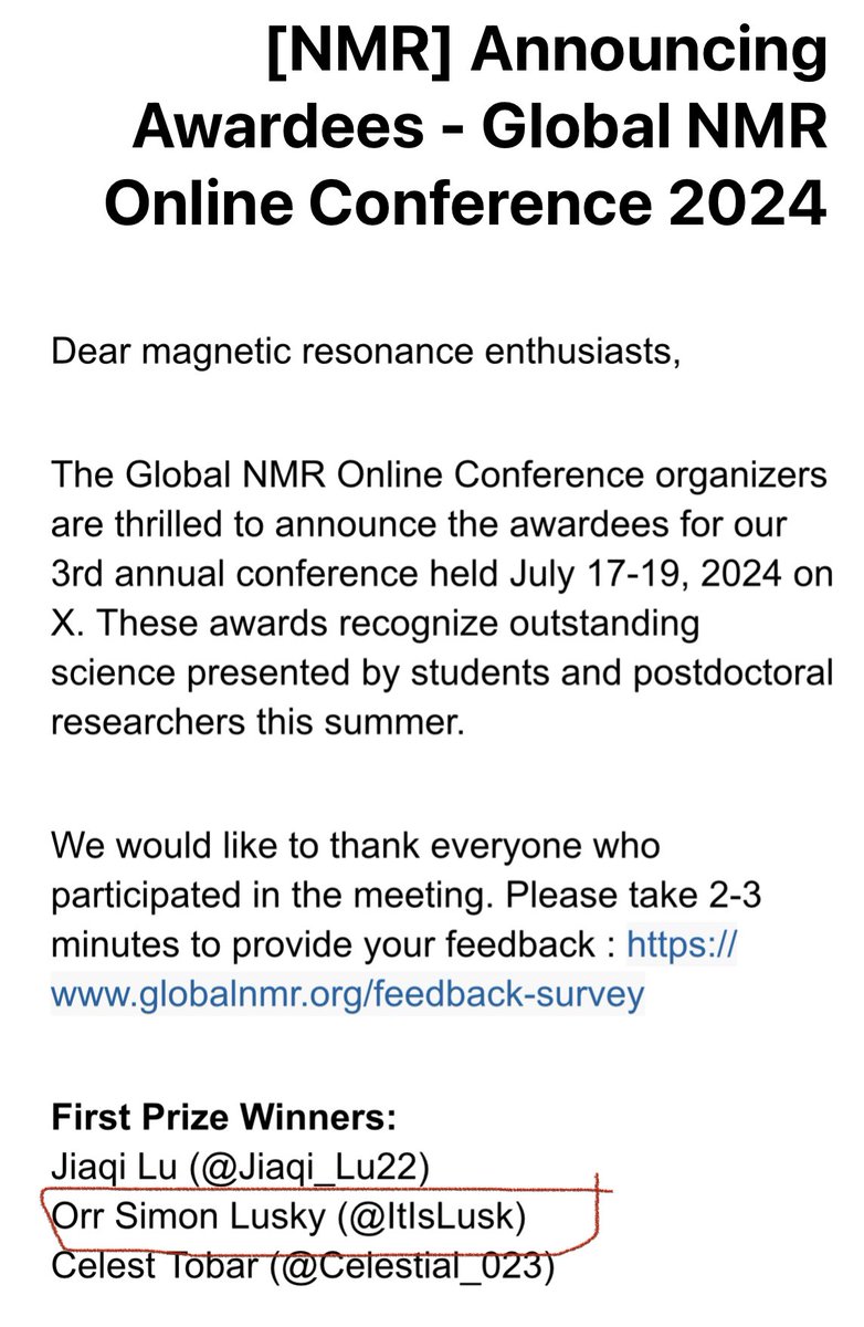 So proud of my student Orr <a href="/ItIsLusk/">Orr Simon Lusky</a> Lusky for getting first prize in the Global #NMR Online Conference 2024!
Way to go Orr.