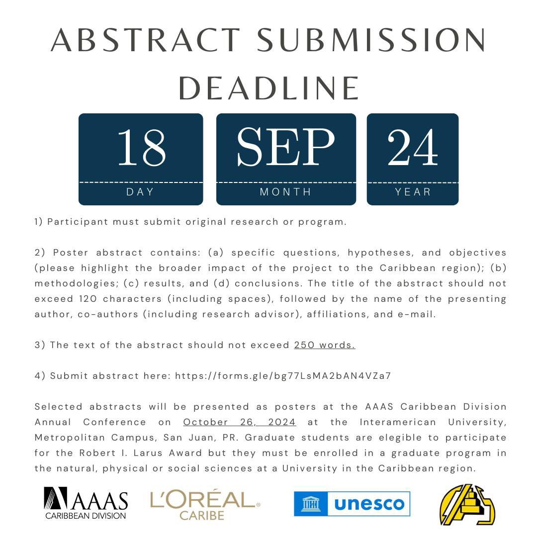 KAlicea_PhD's tweet photo. 🚨Save the Date! We’re excited to announce the @AAAS Caribbean Division Annual Meeting from Oct 25-26, 2024, at the @intermetropr!

We’re collaborating w/ L’Oréal Caribe &amp; UNESCO to honor Women Who Move Science—celebrating the incredible contributions of women in STEM! 1/2 https://t.co/LkdjIUNsSb